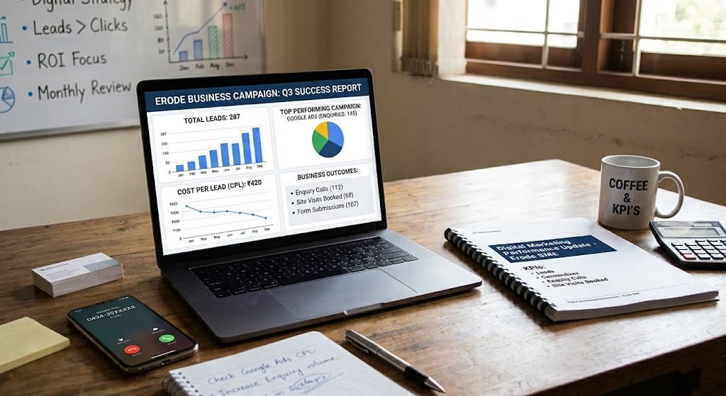 digital marketing agency in erode reporting dashboard showing lead count cost per lead conversion tracking