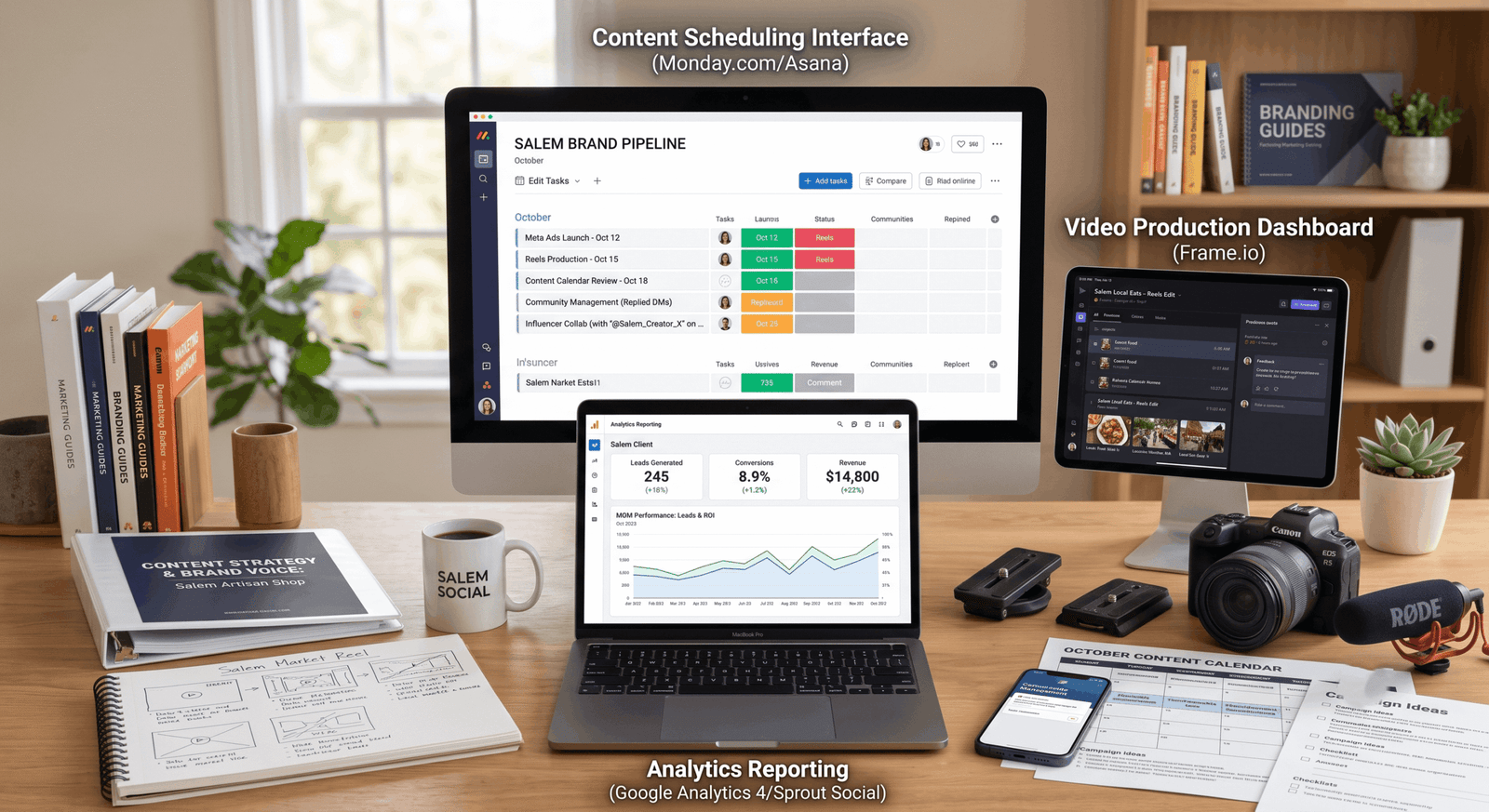 Graphic design, video production dashboard, and content scheduling interface for a brand pipeline