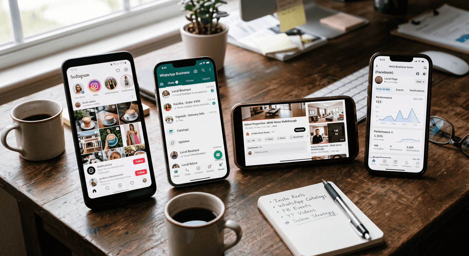 Mobile phone displays showcasing Instagram feeds, WhatsApp interfaces, and social media dashboards