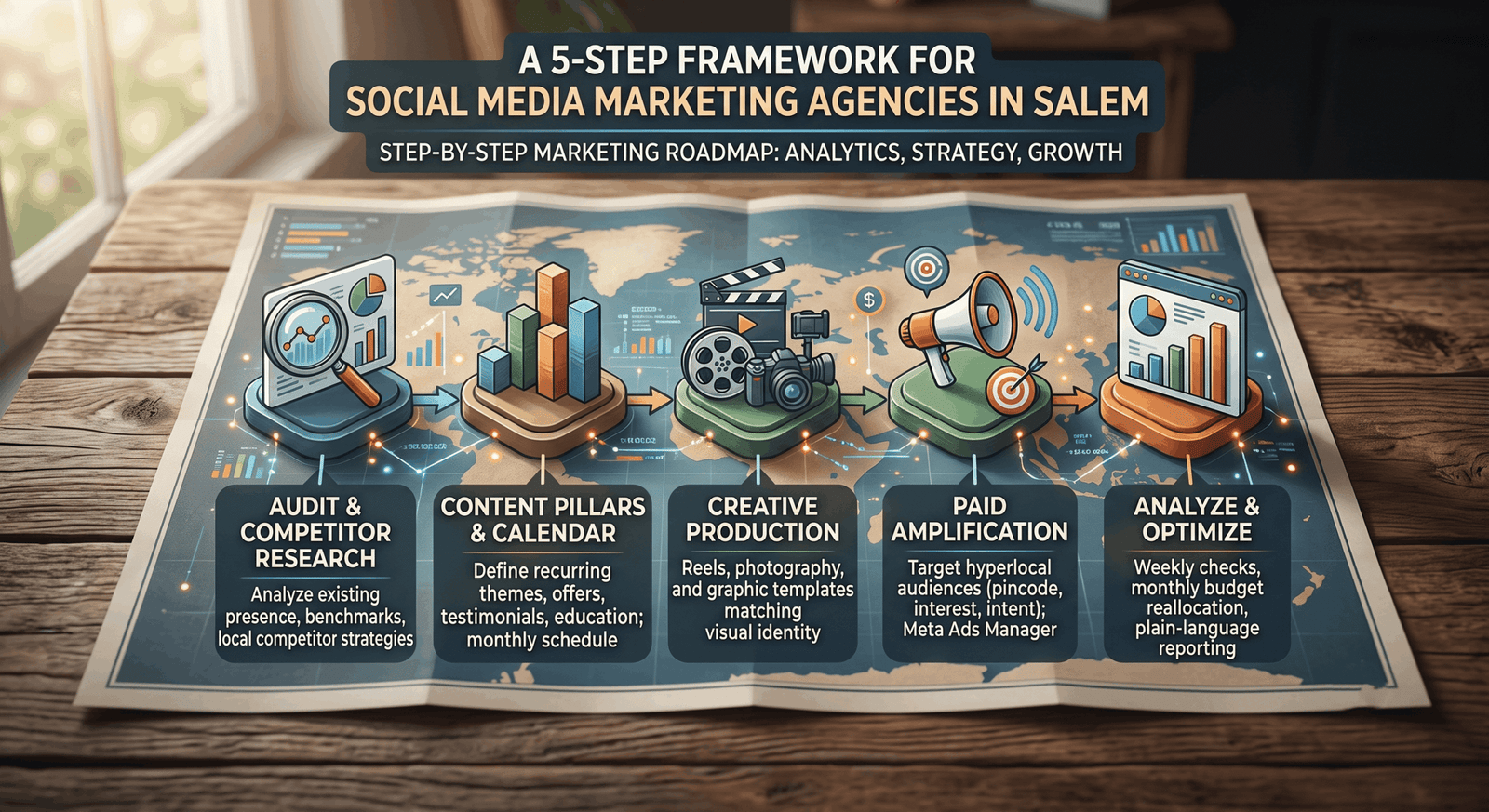 Step by step marketing roadmap design mapping analytics, strategy, and business growth pipelines