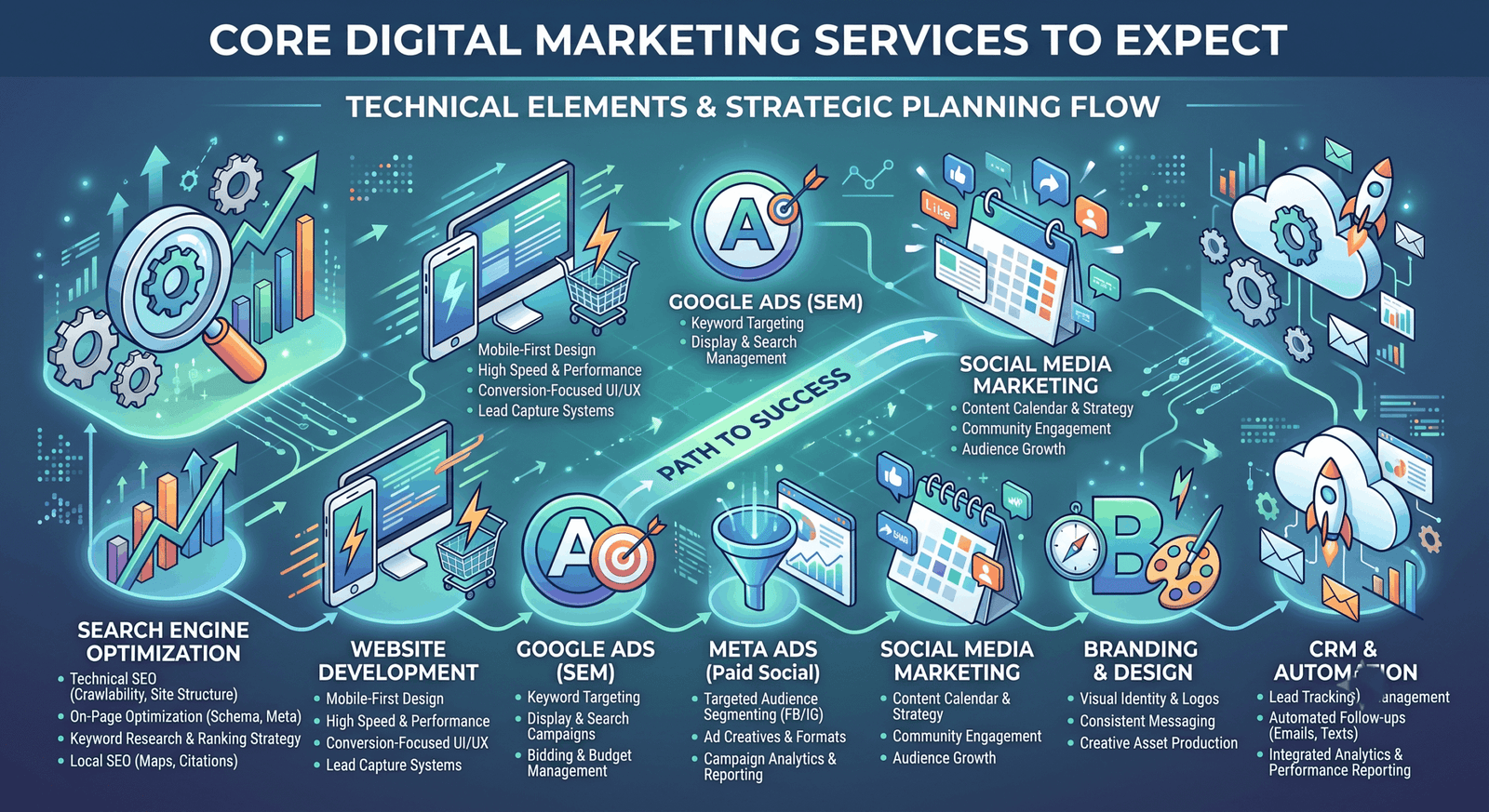 Search Engine Optimization technical elements and strategic planning flow