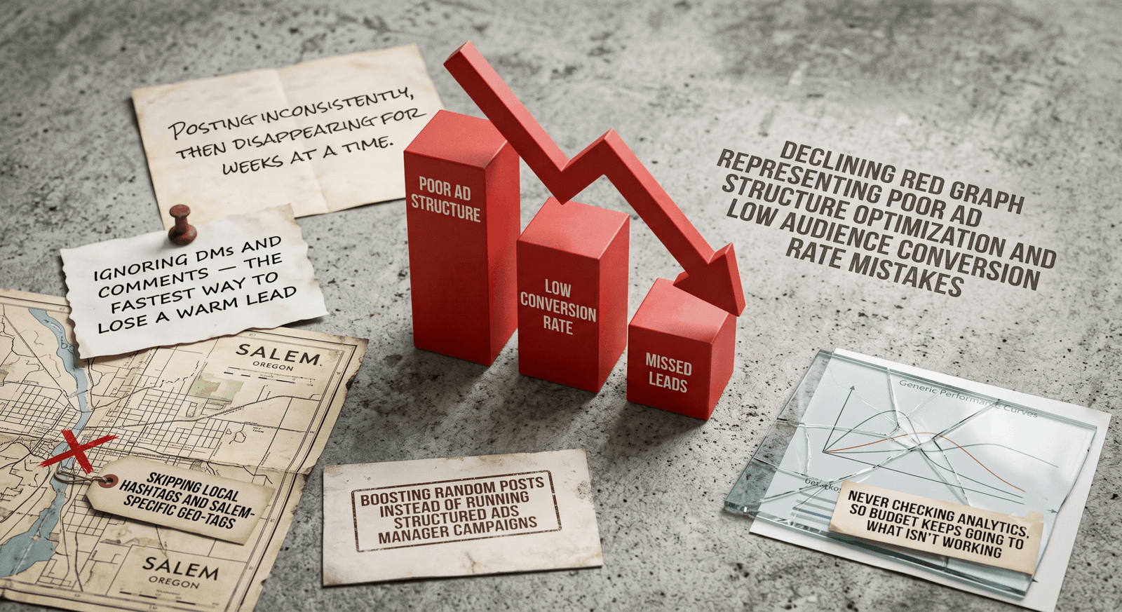 Declining red graph bar representing poor ad structure optimization and low audience conversion rate mistakes