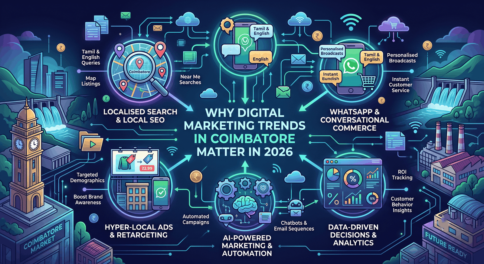 Strategic workspace environment organizing optimization workflows around digital marketing trends in Coimbatore