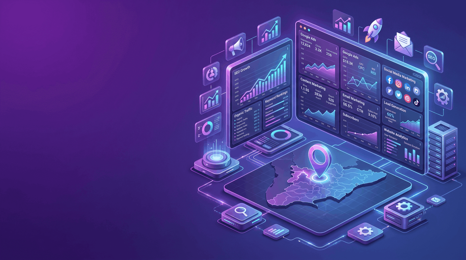 Digital marketing Services in Erode — SEO, social media, ads and branding overview illustration