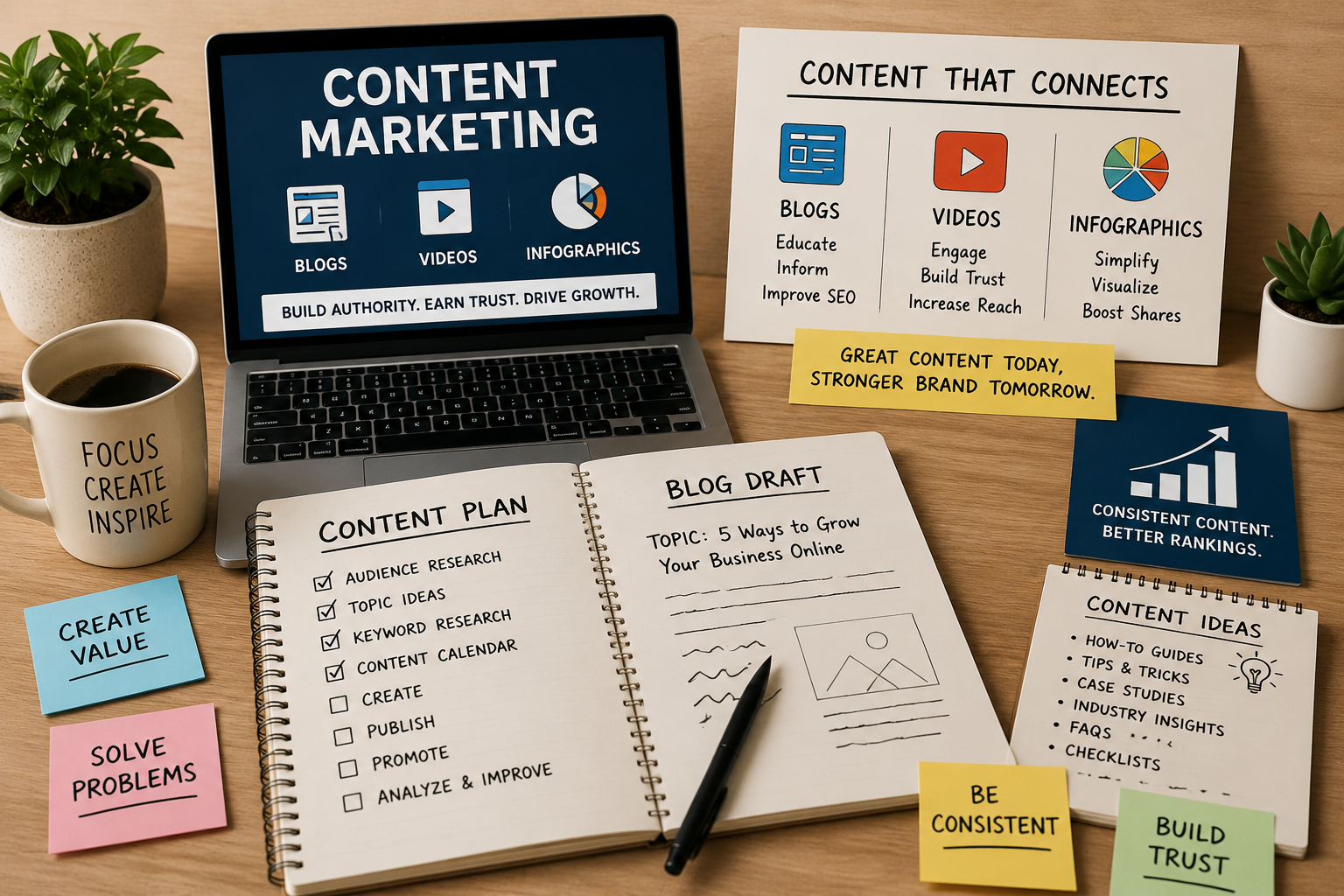 Content marketing planning with blog drafts and notes