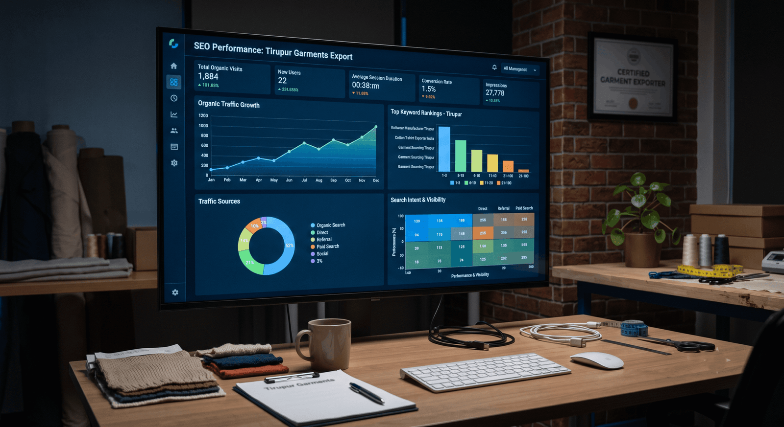 SEO and marketing analytics dashboard showing website traffic and keyword performance