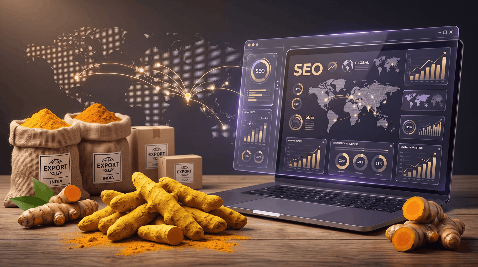 Turmeric root, slices and powder representing digital marketing for turmeric business Erode