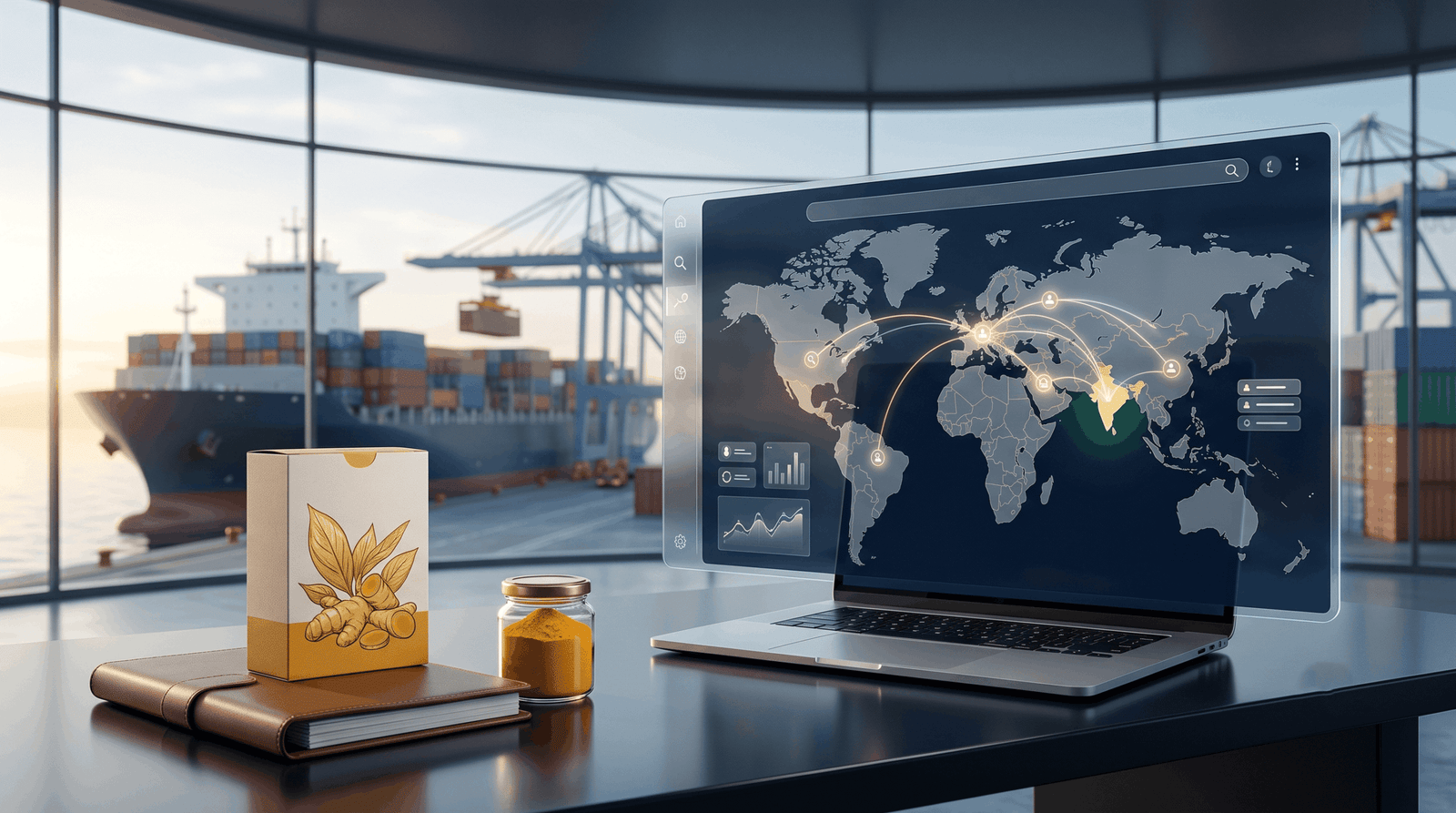 Shipping port containers representing Erode turmeric export marketing to global buyers