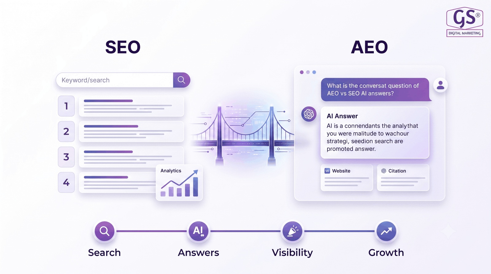AEO vs SEO comparison diagram showing search engine optimization versus answer engine optimization