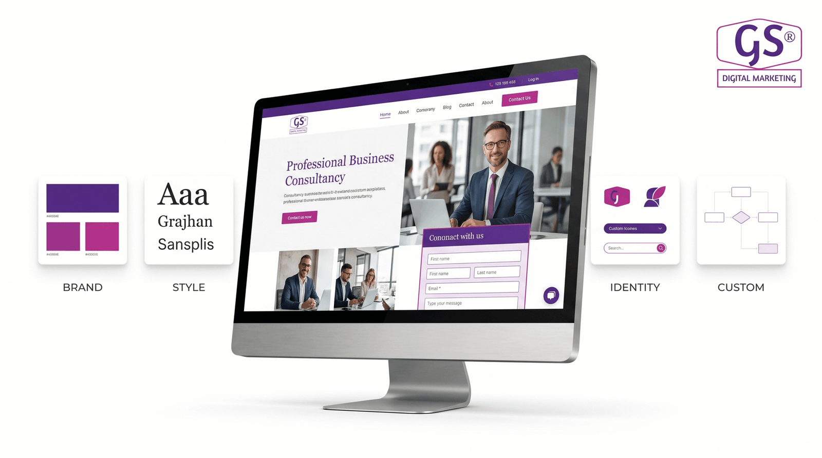 Brand identity and custom website design matching company colors and typography