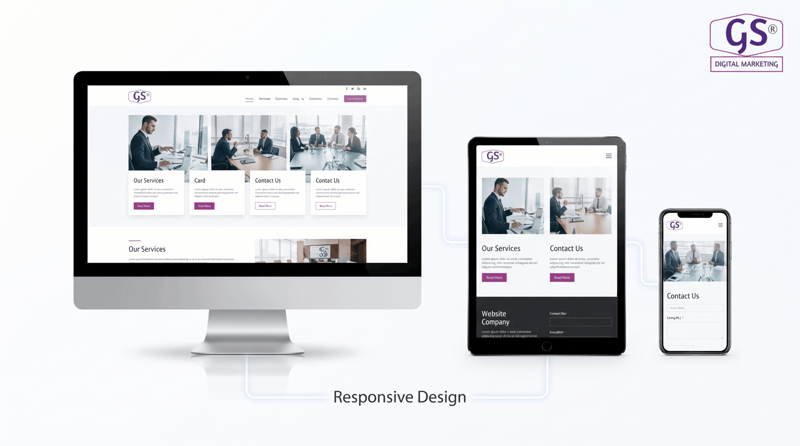 Responsive website development mockup across mobile and desktop screens