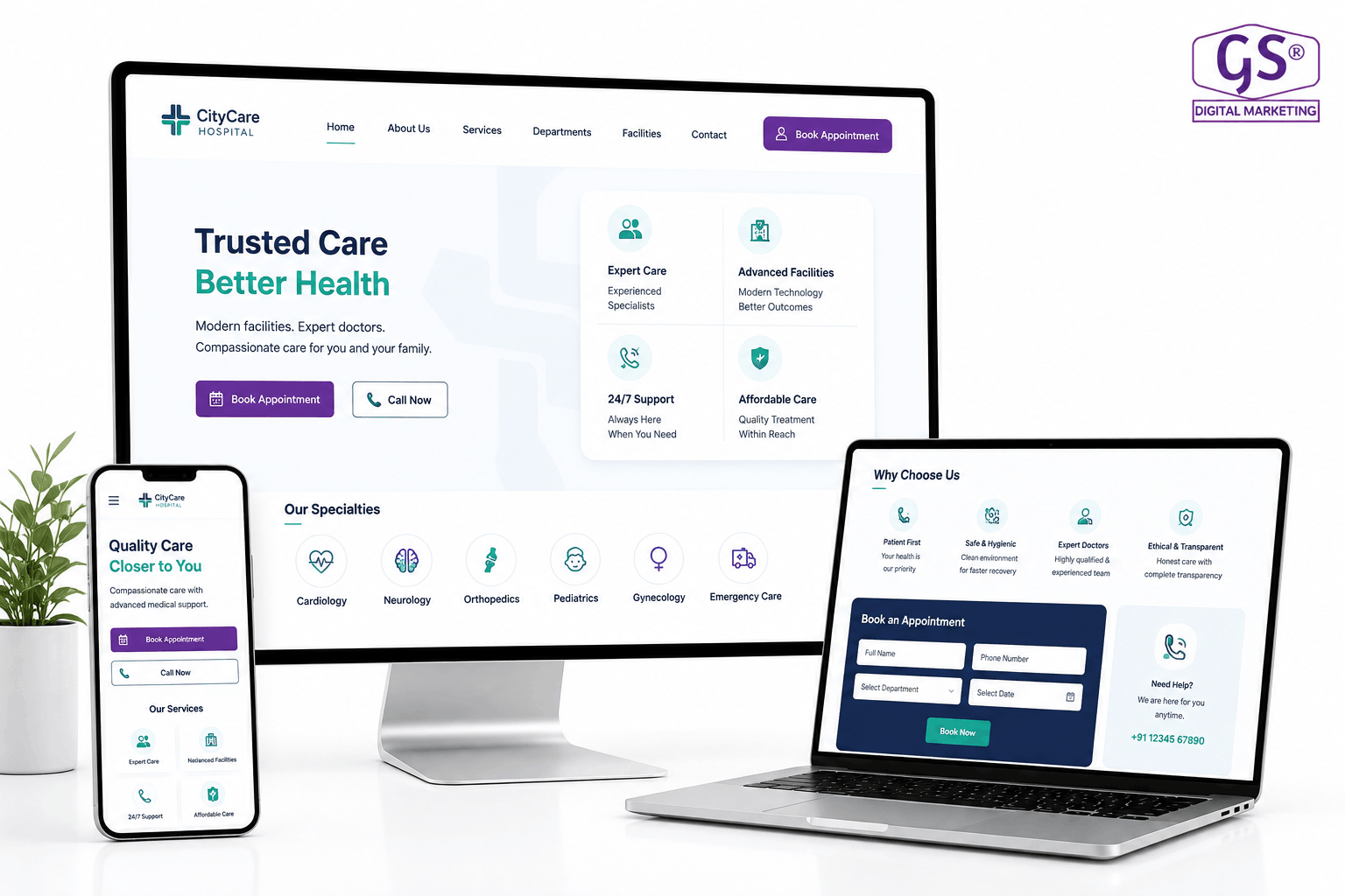 Hospital website homepage design with appointment booking button