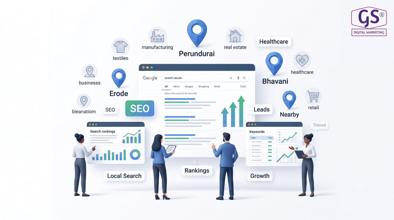 SEO agency packages in Erode - business team analysing search rankings