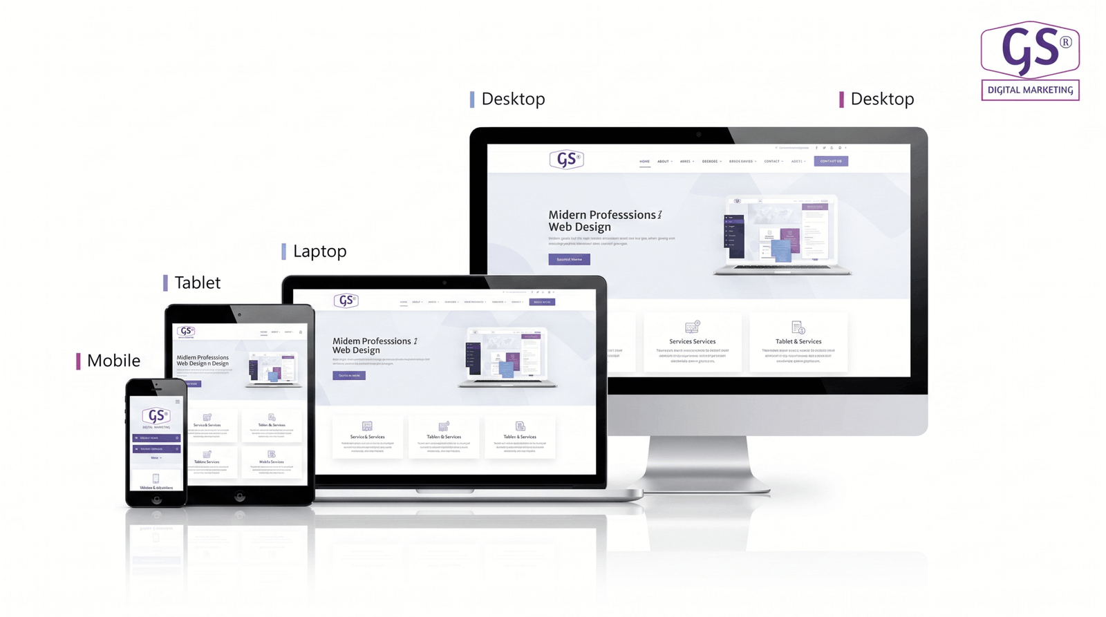 Responsive web design shown across smartphone, tablet, and desktop screens