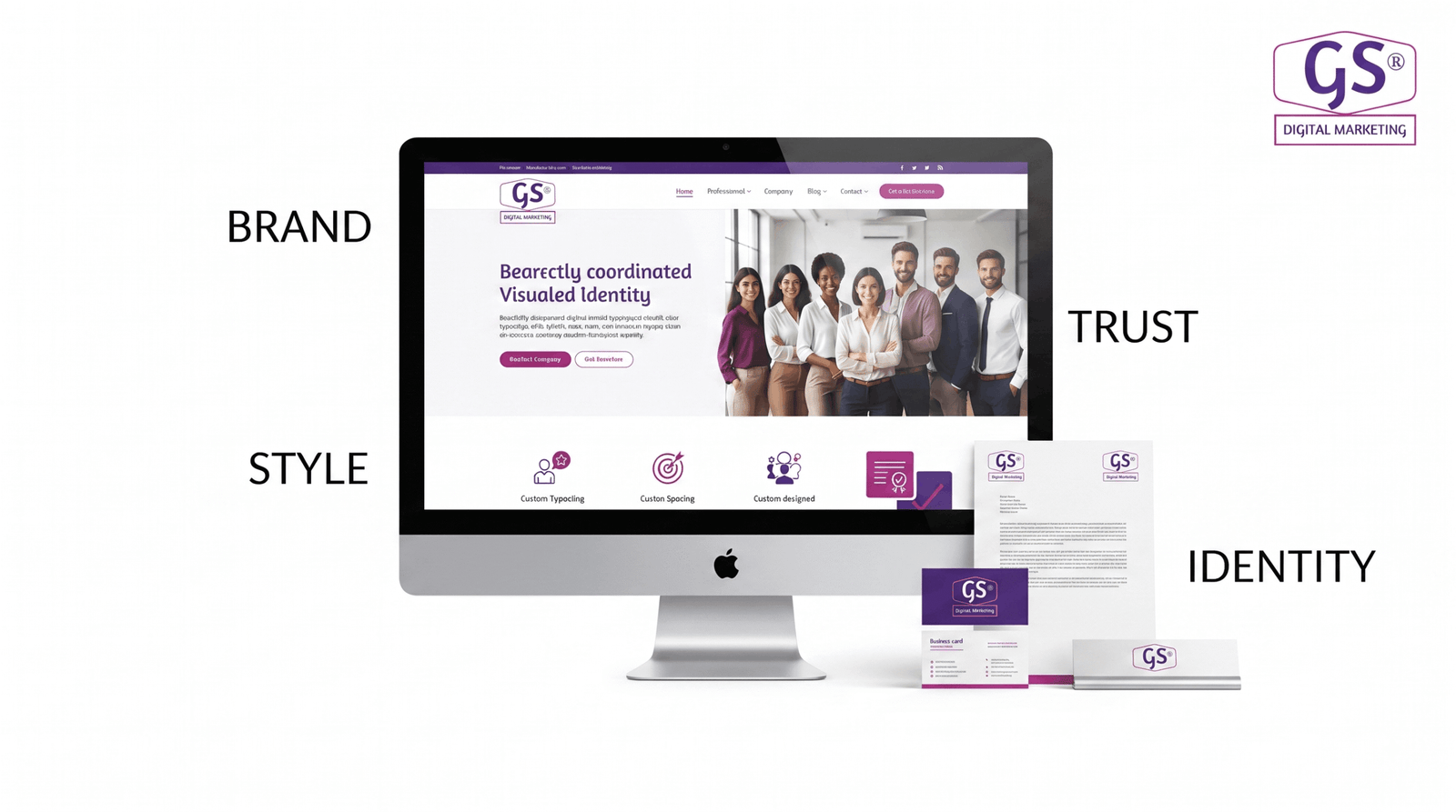 Professional branding elements including typography, colors, and imagery for a business website
