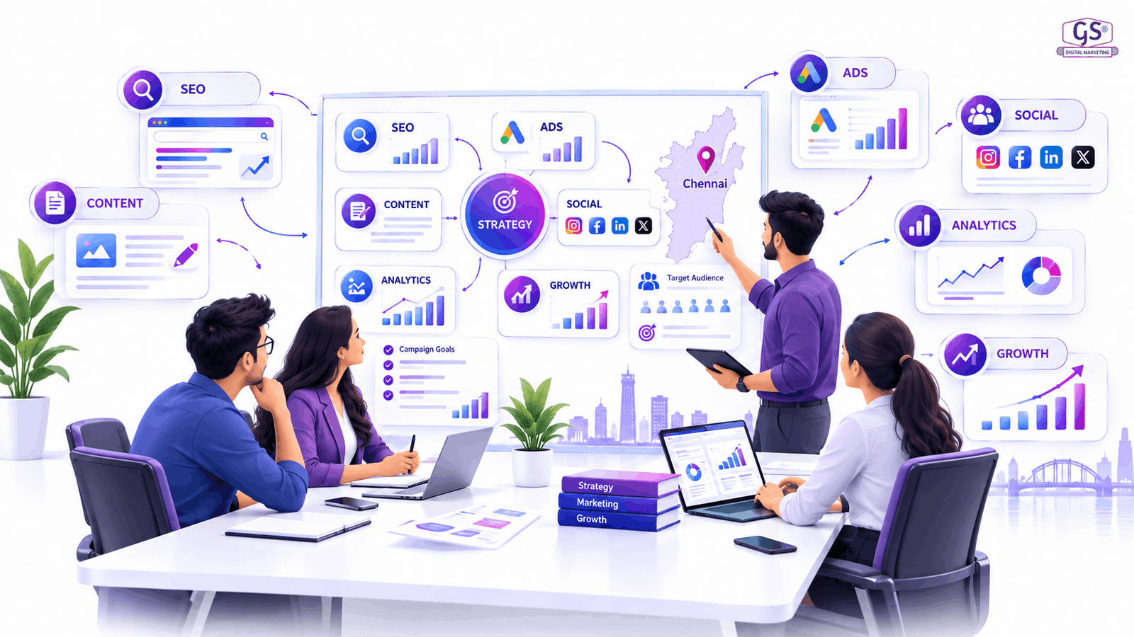 Digital marketing agency in Chennai planning local SEO strategy on a whiteboard