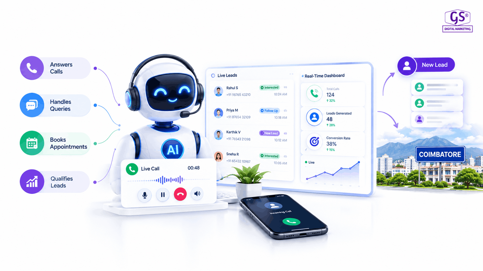 AI calling agent in Coimbatore automating outbound sales calls on a laptop dashboard