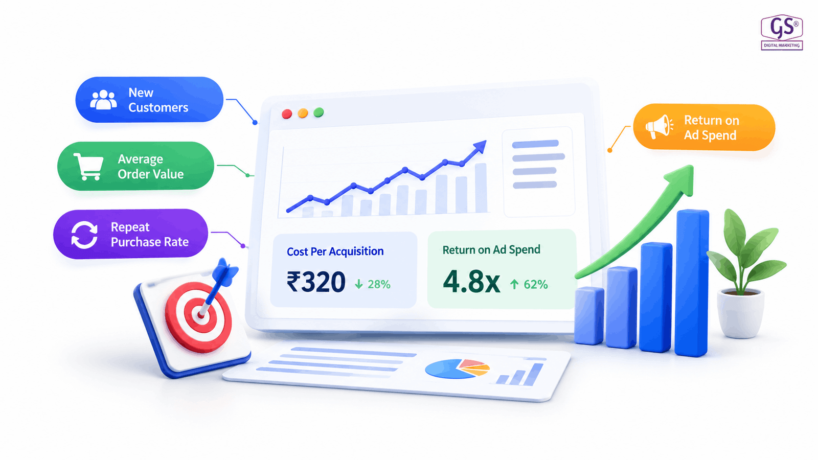 Analytics chart showing cost per acquisition and return on ad spend metrics