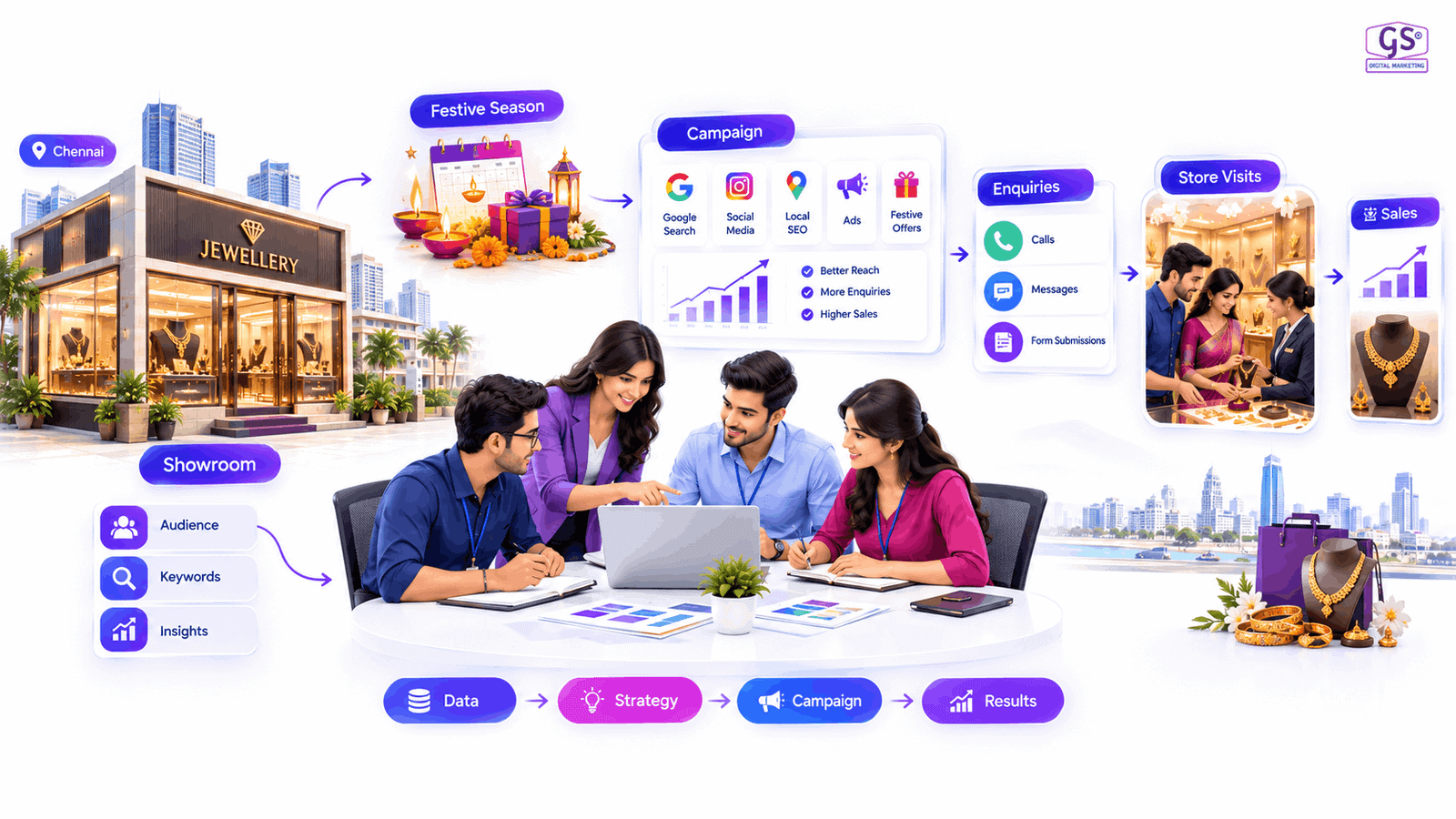 Jewellery digital marketing Chennai showroom and traditional gold jewellery display