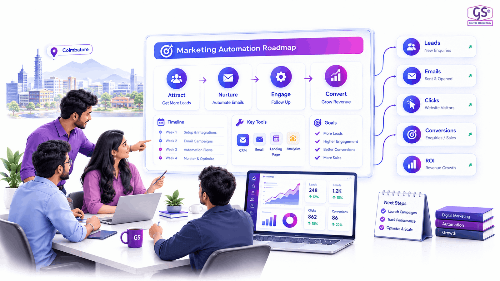 Small business team in Coimbatore planning marketing automation strategy