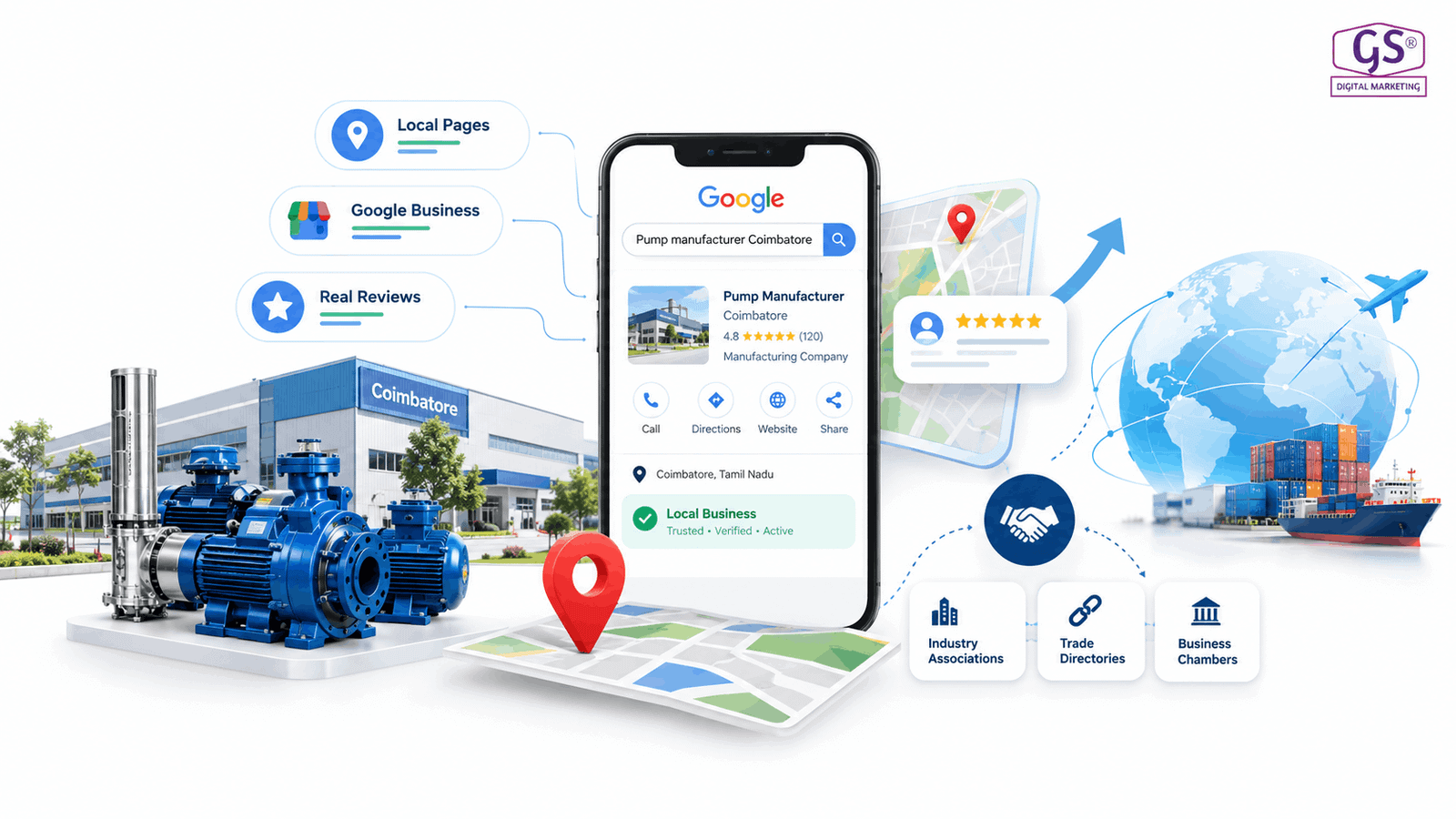 Export shipping containers representing local and export SEO for Coimbatore manufacturers