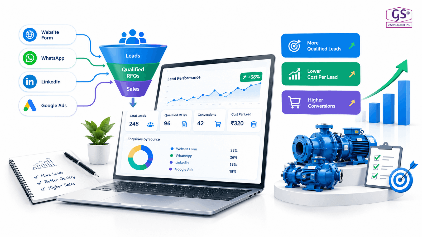 Analytics dashboard tracking RFQs and cost per lead for a manufacturing company